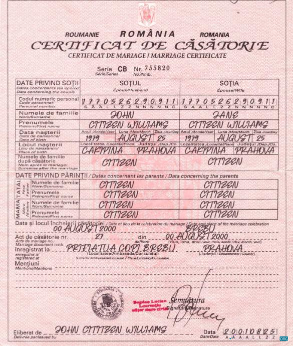 Download Romania vital record marriage certificate Photoshop template
